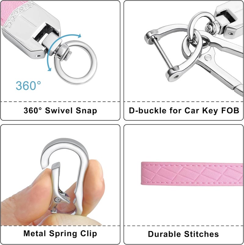OHKYOOT Store Leather Wristlet Keychain,Car Key Chain Wrist Keychain with 3 Key Ring and Anti-Lost D Ring (Pink Silver) - Image 2